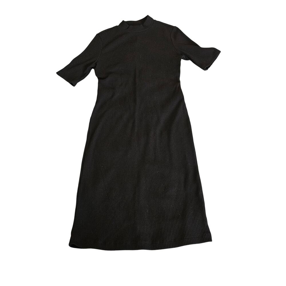 Old Navy XS Ribbed Midi Dress Black Mock Neck Short Sleeve Stretch Knit